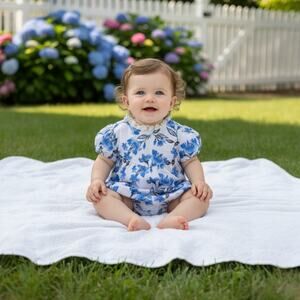 Teela Girls Light Blue Floral Cotton Lace Trim Toile Bubble Romper Boutique 18M